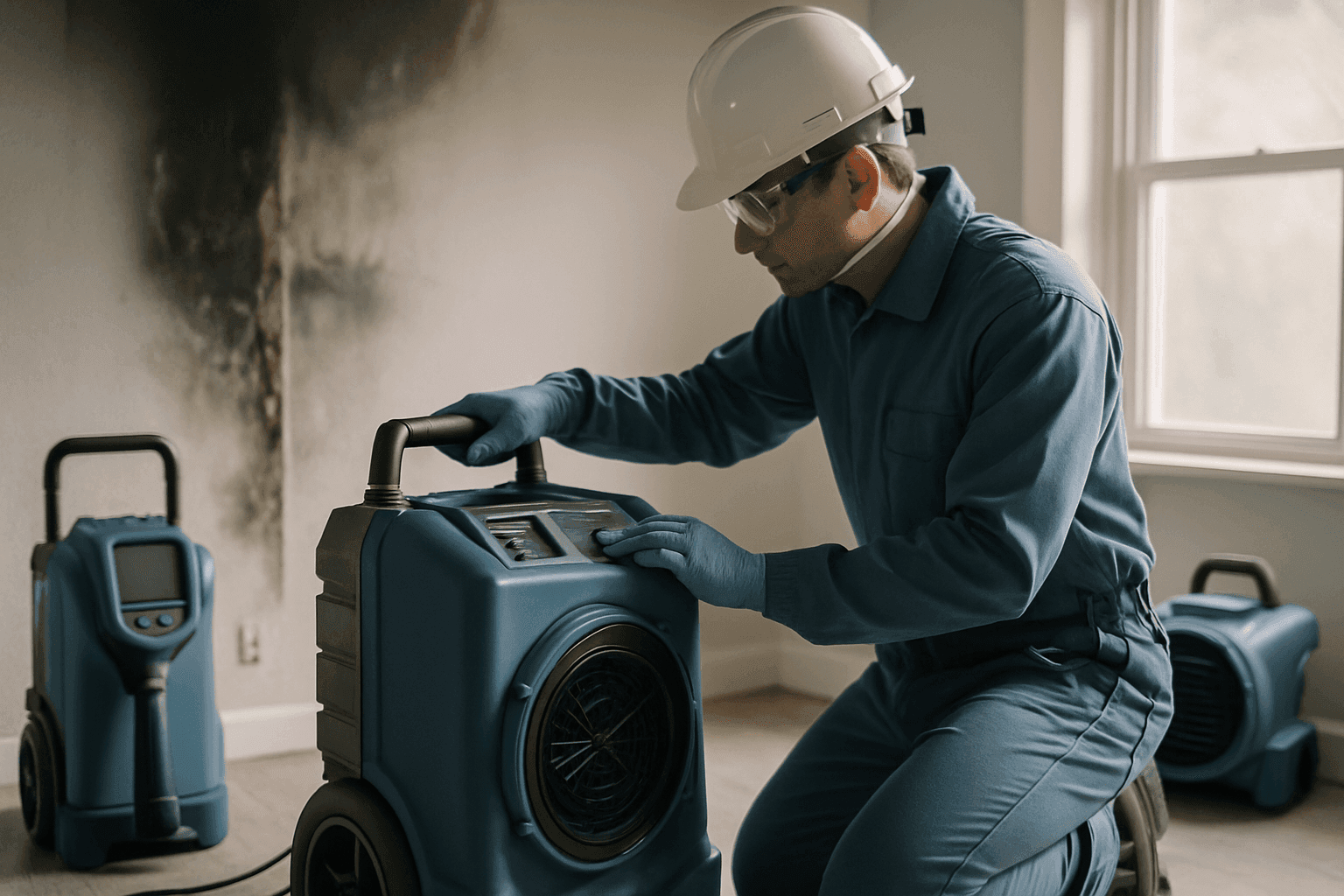 Fire damage restoration worker in PPE inspecting equipment at a clean property