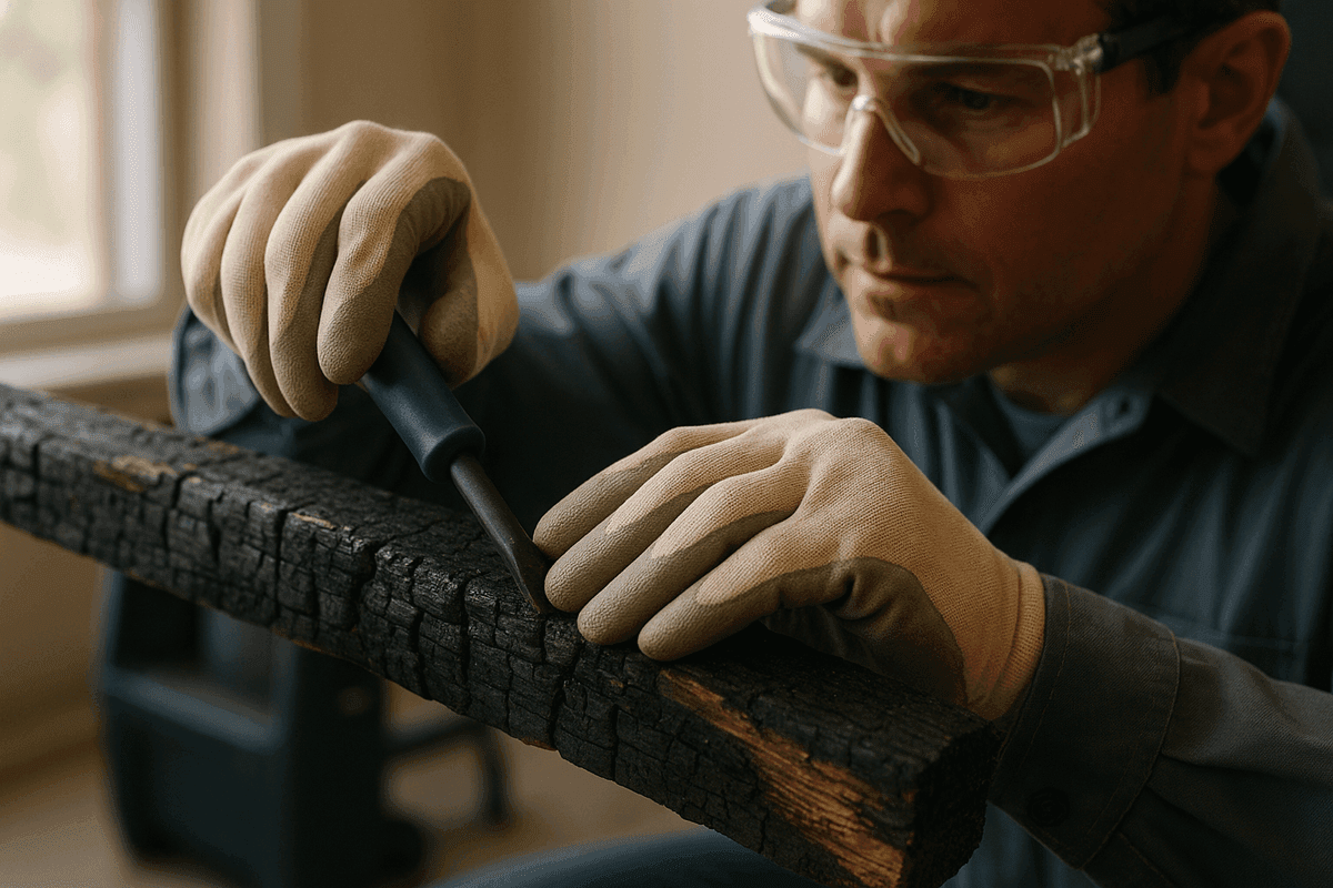 Close-up of gloved hands inspecting charred wooden beam during fire damage repair