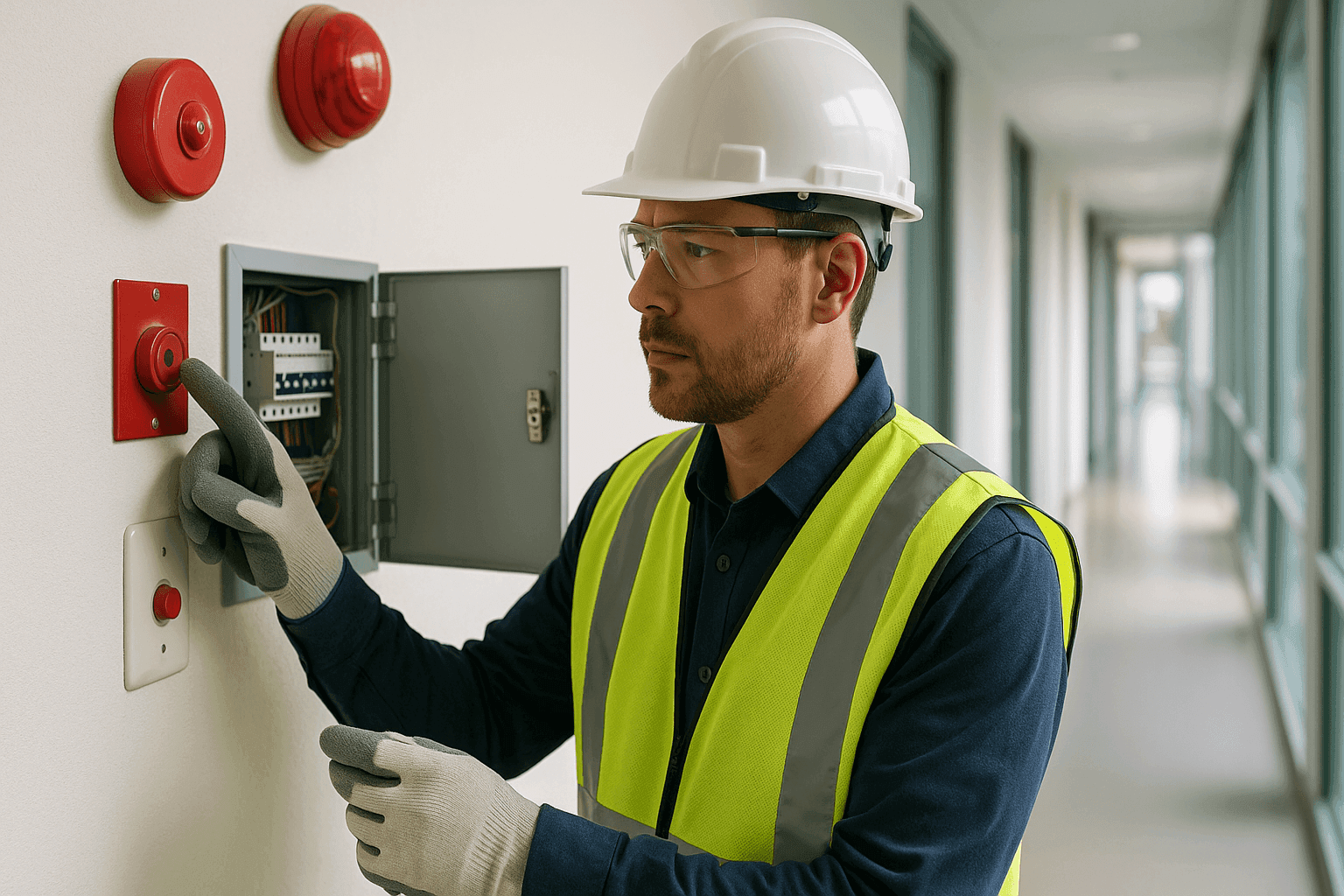 Professional inspecting fire alarms and electrical panel in building